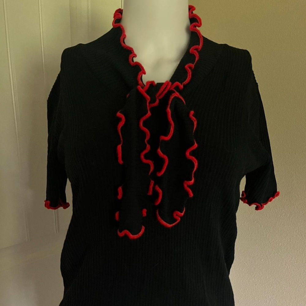 Vintage 1970s Black and Red Ruffle Trim Top Blouse
